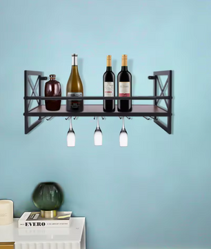 Wand Wijnrek met Glashouder – Hout & Metaal, Industrieel Design