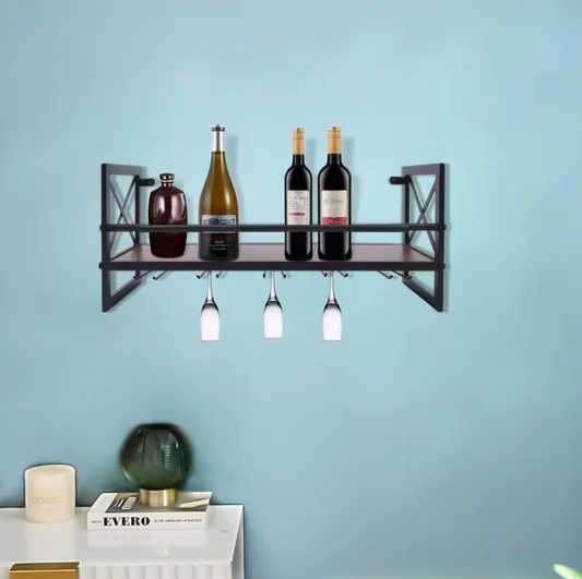 Wand Wijnrek met Glashouder – Hout & Metaal, Industrieel Design
