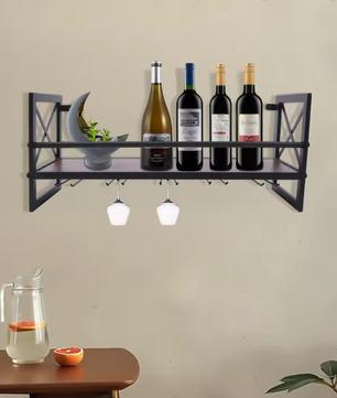 Wand Wijnrek met Glashouder – Hout & Metaal, Industrieel Design