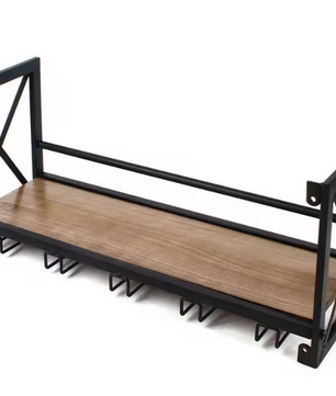 Wand Wijnrek met Glashouder – Hout & Metaal, Industrieel Design