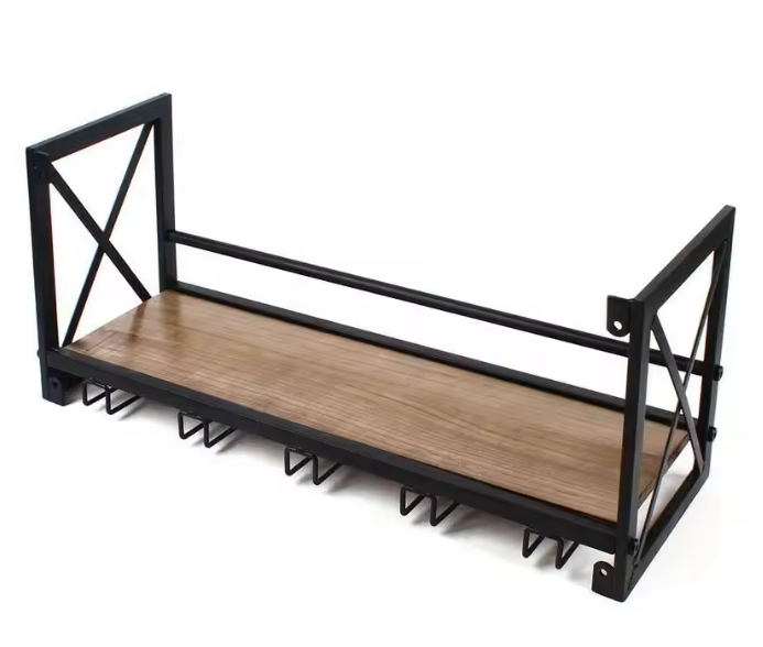 Wand Wijnrek met Glashouder – Hout & Metaal, Industrieel Design