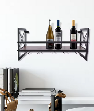 Wand Wijnrek met Glashouder – Hout & Metaal, Industrieel Design