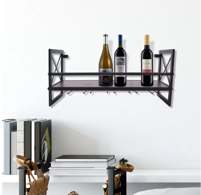Wand Wijnrek met Glashouder – Hout & Metaal, Industrieel Design