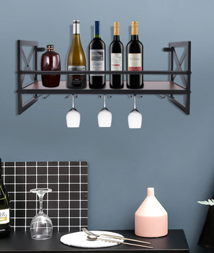 Wand Wijnrek met Glashouder – Hout & Metaal, Industrieel Design