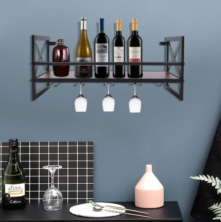 Wand Wijnrek met Glashouder – Hout & Metaal, Industrieel Design