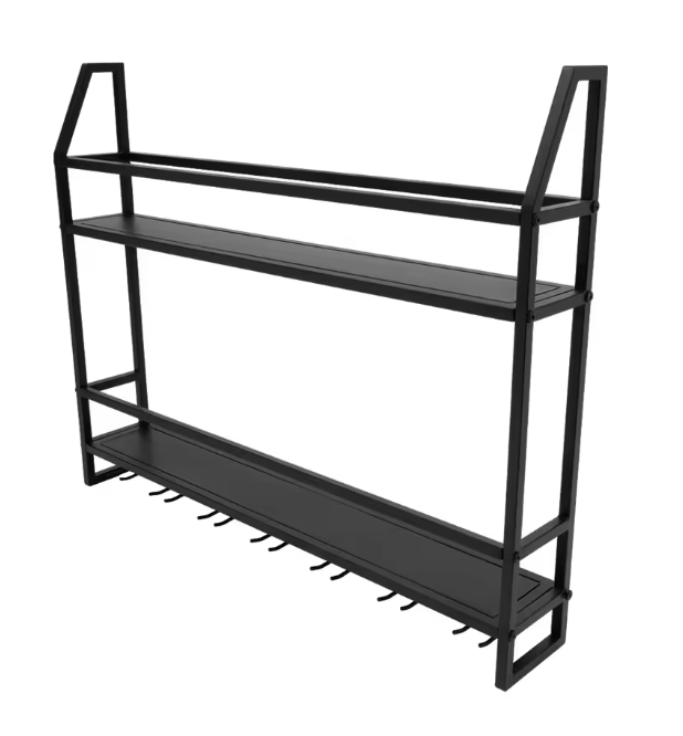 Industriële Wand Wijnrek – Metalen Flessenrek & Glashouder, 2-Lagen