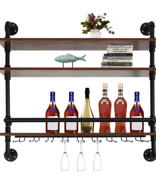 Industriële Wand Wijnrek – 3-Lagen Houten & Metalen Flessenrek, 92 cm