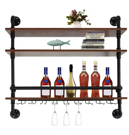 Industriële Wand Wijnrek – 3-Lagen Houten & Metalen Flessenrek, 92 cm