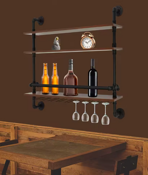 Industriële Wand Wijnrek – 3-Lagen Houten & Metalen Flessenrek, 92 cm