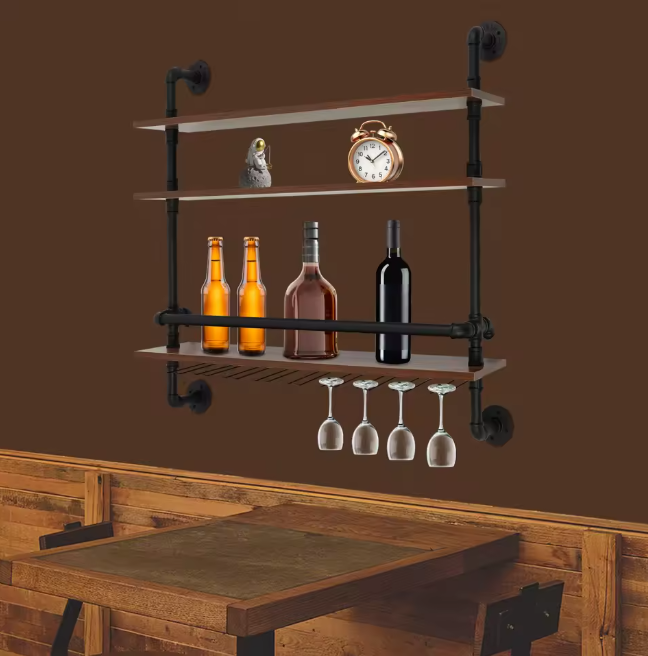 Industriële Wand Wijnrek – 3-Lagen Houten & Metalen Flessenrek, 92 cm
