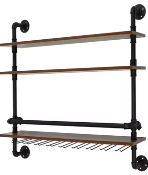 Industriële Wand Wijnrek – 3-Lagen Houten & Metalen Flessenrek, 92 cm