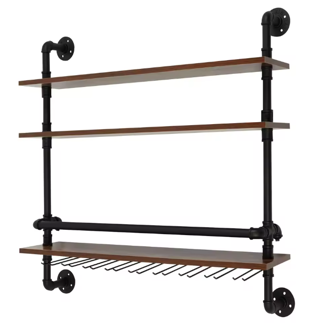 Industriële Wand Wijnrek – 3-Lagen Houten & Metalen Flessenrek, 92 cm