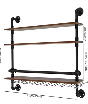 Industriële Wand Wijnrek – 3-Lagen Houten & Metalen Flessenrek, 92 cm