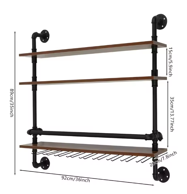 Industriële Wand Wijnrek – 3-Lagen Houten & Metalen Flessenrek, 92 cm