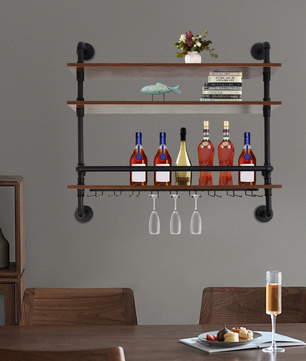 Industriële Wand Wijnrek – 3-Lagen Houten & Metalen Flessenrek, 92 cm