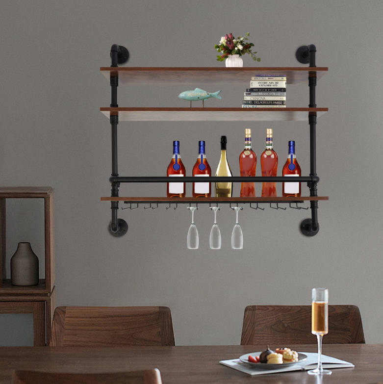 Industriële Wand Wijnrek – 3-Lagen Houten & Metalen Flessenrek, 92 cm
