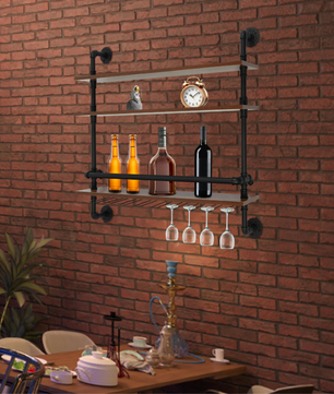 Industriële Wand Wijnrek – 3-Lagen Houten & Metalen Flessenrek, 92 cm