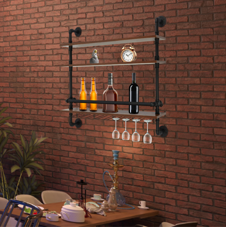 Industriële Wand Wijnrek – 3-Lagen Houten & Metalen Flessenrek, 92 cm