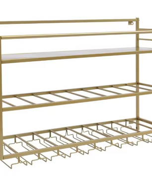 Wand Wijnrek 3-Lagen – Gouden Stalen Flessenrek met Glashouder