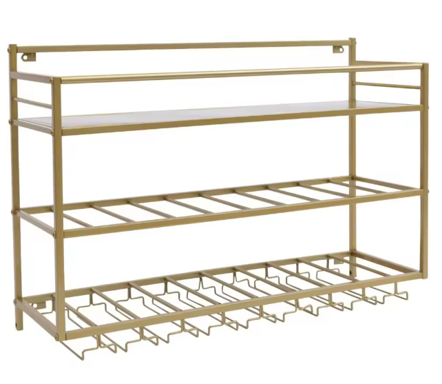 Wand Wijnrek 3-Lagen – Gouden Stalen Flessenrek met Glashouder