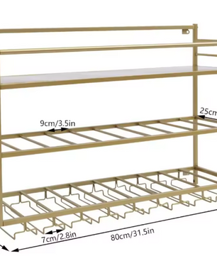 Wand Wijnrek 3-Lagen – Gouden Stalen Flessenrek met Glashouder