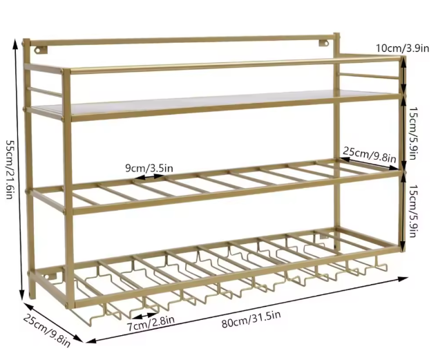 Wand Wijnrek 3-Lagen – Gouden Stalen Flessenrek met Glashouder