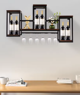 Wand Wijnrek van Hout & Metaal – 106 cm Flessenrek met Glashouder, Industrieel Design