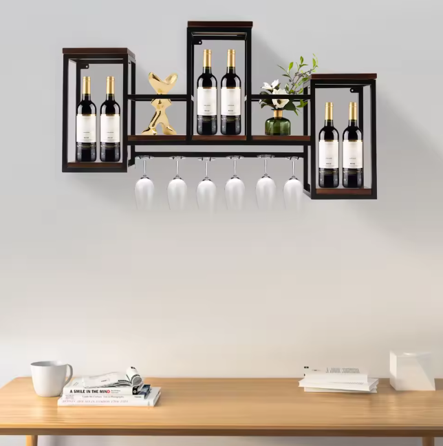 Wand Wijnrek van Hout & Metaal – 106 cm Flessenrek met Glashouder, Industrieel Design