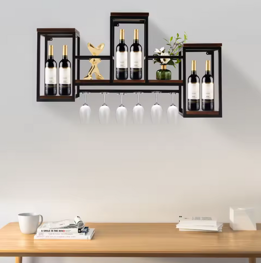 Wand Wijnrek van Hout & Metaal – 106 cm Flessenrek met Glashouder, Industrieel Design