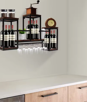 Wand Wijnrek van Hout & Metaal – 106 cm Flessenrek met Glashouder, Industrieel Design