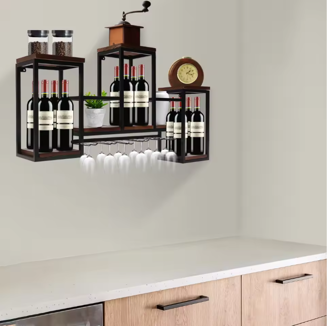 Wand Wijnrek van Hout & Metaal – 106 cm Flessenrek met Glashouder, Industrieel Design