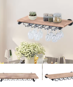 Wand Wijnrek van Hout & Metaal – 61 cm Flessenrek met Glashouder, Industrieel