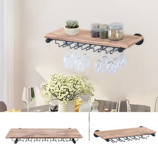 Wand Wijnrek van Hout & Metaal – 61 cm Flessenrek met Glashouder, Industrieel