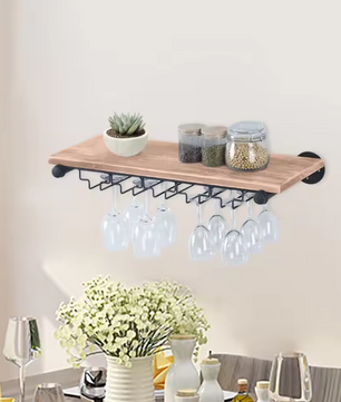 Wand Wijnrek van Hout & Metaal – 61 cm Flessenrek met Glashouder, Industrieel