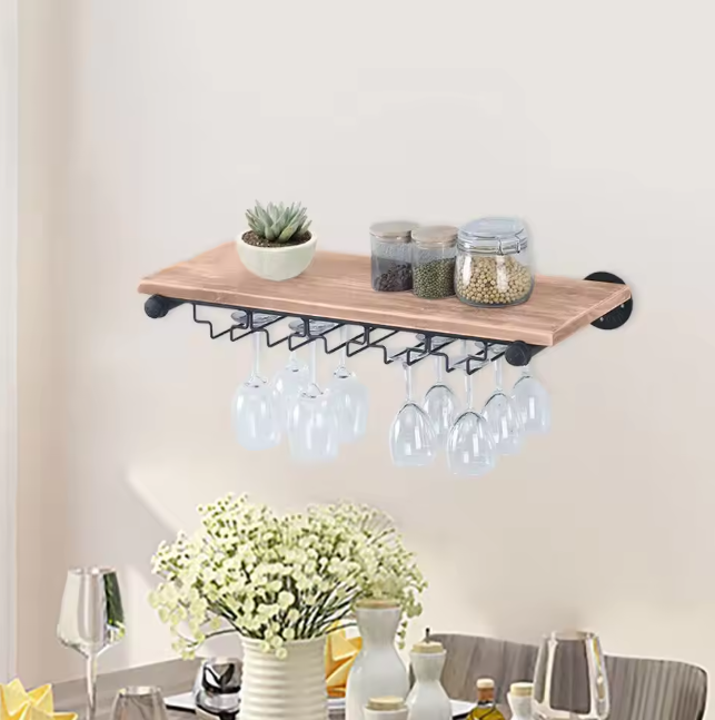 Wand Wijnrek van Hout & Metaal – 61 cm Flessenrek met Glashouder, Industrieel