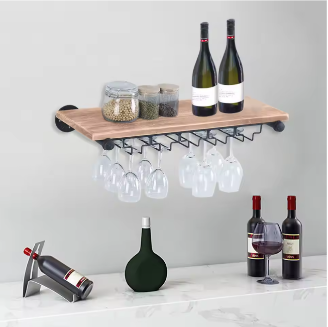 Wand Wijnrek van Hout & Metaal – 61 cm Flessenrek met Glashouder, Industrieel