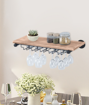 Wand Wijnrek van Hout & Metaal – 61 cm Flessenrek met Glashouder, Industrieel
