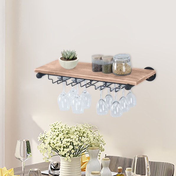 Wand Wijnrek van Hout & Metaal – 61 cm Flessenrek met Glashouder, Industrieel