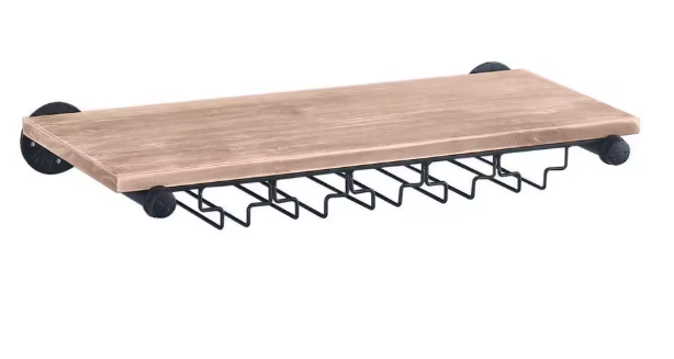 Wand Wijnrek van Hout & Metaal – 61 cm Flessenrek met Glashouder, Industrieel