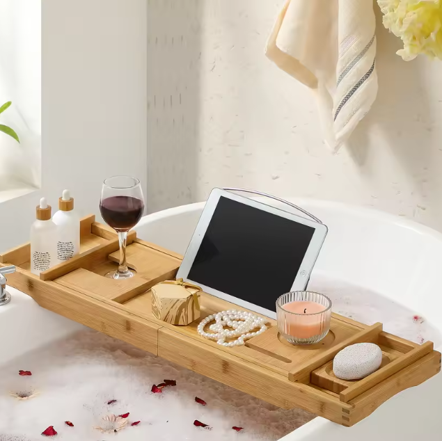 Bamboe Badplank – Uitschuifbare Badbrug met Boek- & Glashouder, Luxe Ontspanning