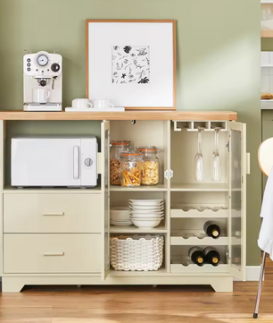 Buffetkast met Glazen Deuren – 120×90×40 cm Dressoir met Wijnrek & Opbergruimte