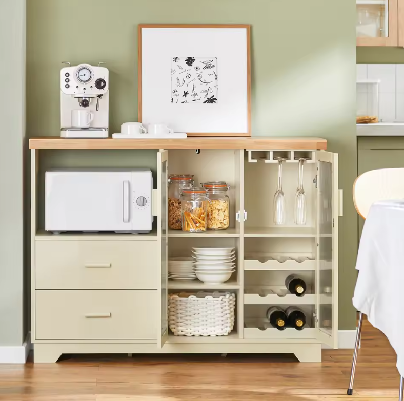 Buffetkast met Glazen Deuren – 120×90×40 cm Dressoir met Wijnrek & Opbergruimte