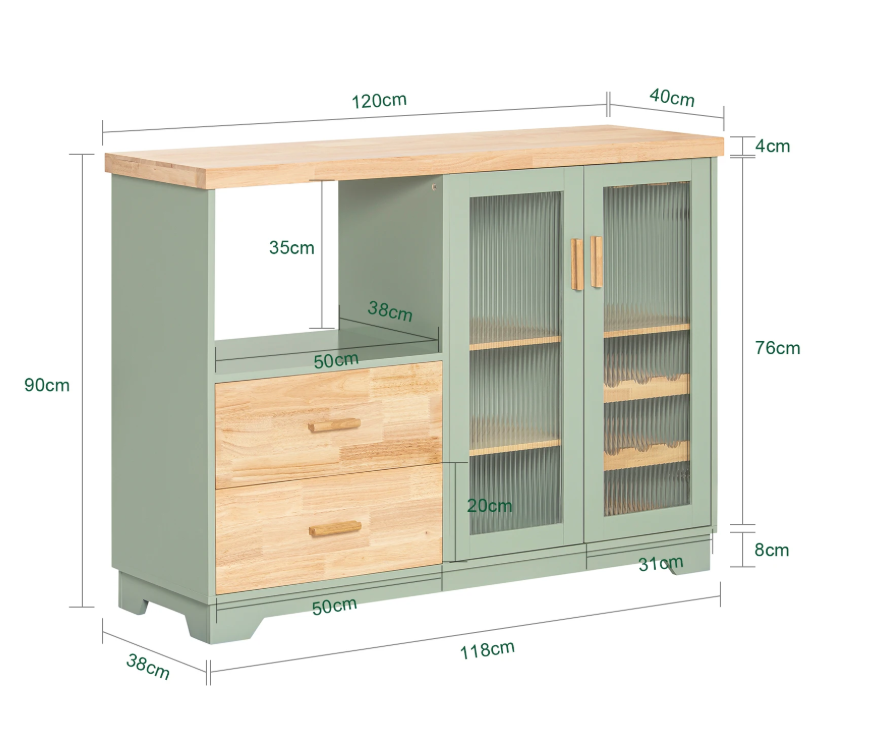 Buffetkast met Glazen Deuren – 120×90×40 cm Dressoir met Wijnrek & Opbergruimte