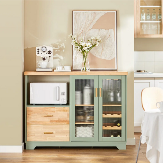Buffetkast met Glazen Deuren – 120×90×40 cm Dressoir met Wijnrek & Opbergruimte