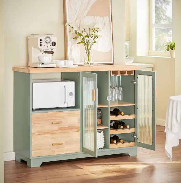 Buffetkast met Glazen Deuren – 120×90×40 cm Dressoir met Wijnrek & Opbergruimte