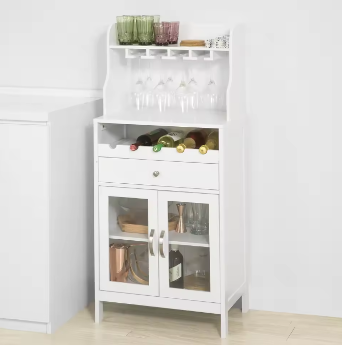 Wijnkast met Lade en Glashouder – Hoog Dressoir met 2 Deuren en Wijnrek