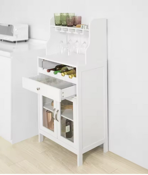 Wijnkast met Lade en Glashouder – Hoog Dressoir met 2 Deuren en Wijnrek