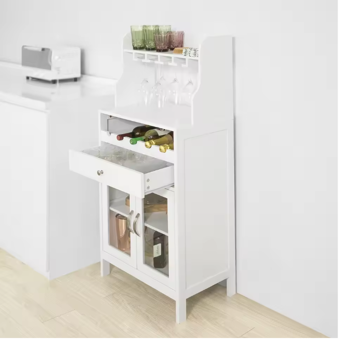 Wijnkast met Lade en Glashouder – Hoog Dressoir met 2 Deuren en Wijnrek
