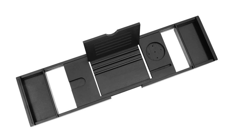 Bamboe Badplank Zwart – Uitschuifbare Badbrug met Glashouder & Tabletstandaard