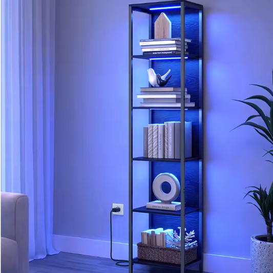 Boekenkast met LED-Verlichting – 6 Niveaus, Staal & Hout, Modern en Ruim